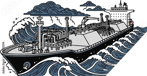 Stylized tanker ship navigating stormy seas with lightning