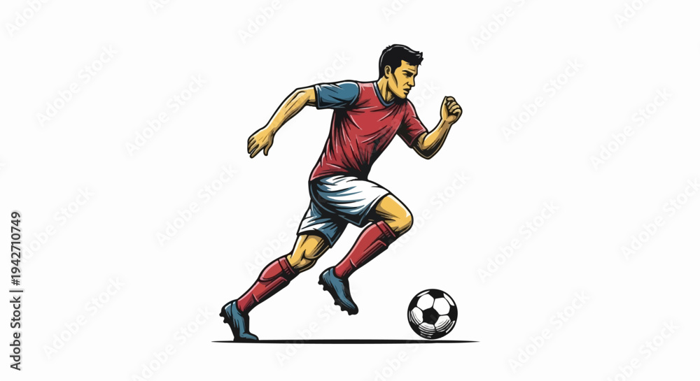 Obraz premium Athletic man dribbling a soccer ball with determined focus, mid-run