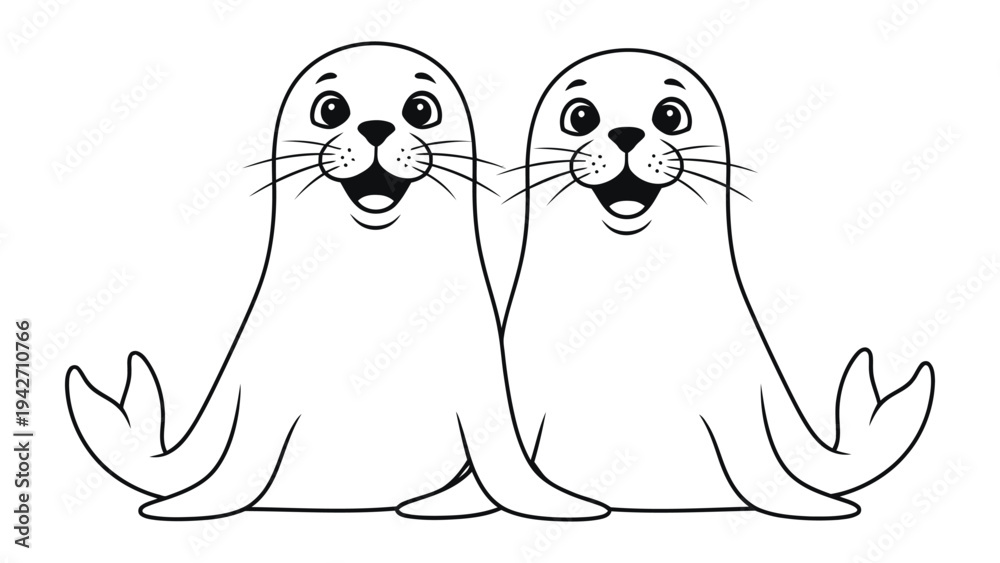 Obraz premium Playful Seal Duo: Two adorable seals share a moment of joy, their happy expressions and sleek outlines bringing a touch of marine cheerfulness to any project.