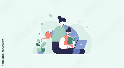 People watering plant and reading on laptop with abstract shapes
