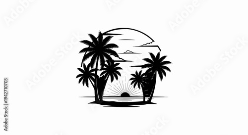 Black silhouette of palm trees on a beach with a sunrise over the ocean