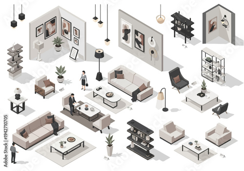 Isometric living room furniture collection and interior design elements