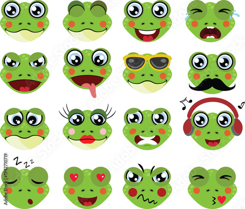 Collection of Cute Green Frog Character Emoticons and Expressions