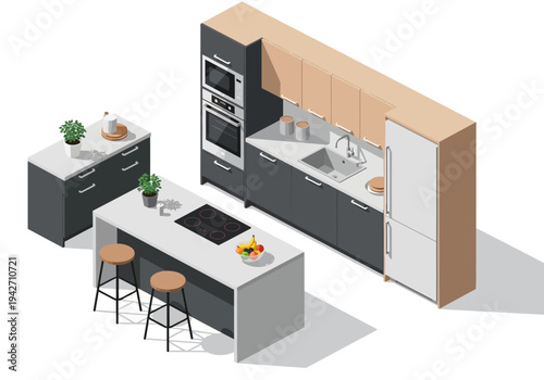 Modern Isometric Kitchen Design with Island, Cabinets, and Appliances - Vector Illustration
