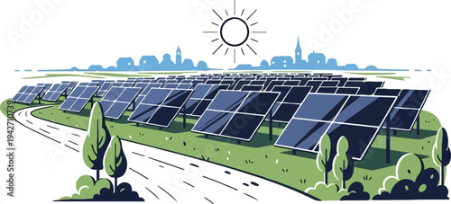 Vast solar panel array in green field, sun shines above distant town skyline