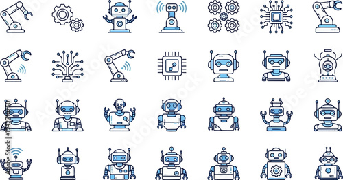 Collection of blue and white line art icons depicting various robots and technology