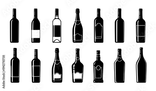 Wine Bottle Silhouette Set with Various Alcohol Beverage Shapes Including Champagne Liquor and Sparkling Wine Vector