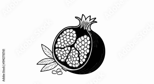 Black and white illustration of a halved pomegranate with leaves and seeds