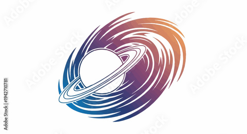 Swirling cosmic vortex encircles a ringed planet with gradient colors