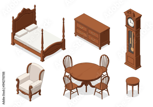 Collection of antique wooden furniture, including a bed, armchair, dining set, dresser, and grandfather clock