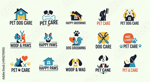 Collection of Pet Care Logos Featuring Dogs, Houses, and Paws.