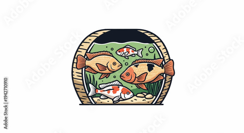 Cartoon illustration of colorful fish swimming in a round aquarium