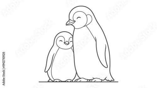 Affectionate Penguin Duo: A heartwarming illustration of two penguins, a parent and chick, embracing in a tender moment, symbolizing love and companionship.