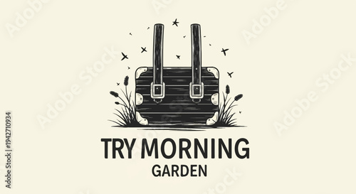 Vintage suitcase illustration with birds and plants, reads "Try Morning Garden.