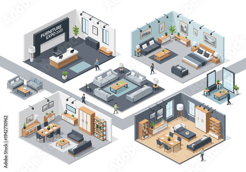 Isometric furniture showroom displays and room layouts for home and office interiors