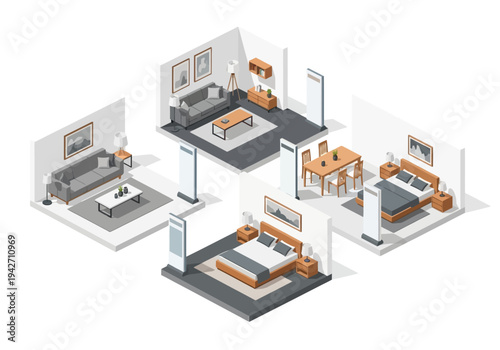 Interior design inspiration a modern isometric view of furnished living and bedroom spaces
