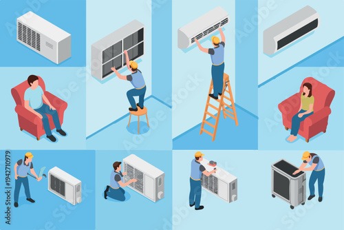 Skilled technicians performing air conditioner installation and maintenance tasks with customers relaxing in various isometric scenes