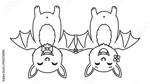 Whimsical Bats Duo: Two adorable bats, playfully hanging upside down, add a touch of charm and whimsy with a floral adornment and bowtie. 