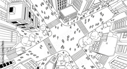 Aerial Perspective of a Bustling City Square with Pedestrians.