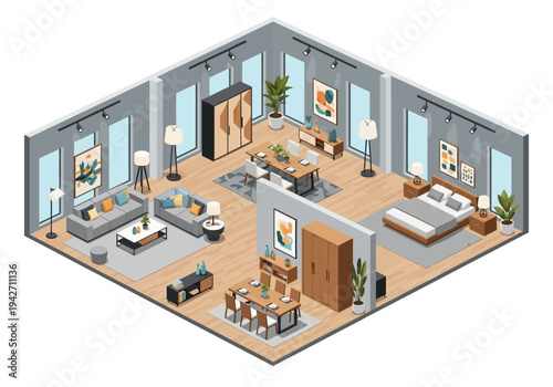 Isometric interior design of a modern apartment with living room, bedroom, and dining area