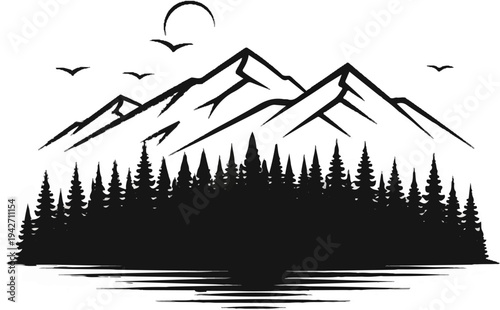 A stylized black and white scene depicts mountains, pine trees, birds, and water