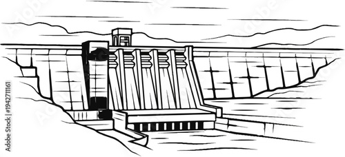 A stark black and white illustration of a large concrete dam with flowing water