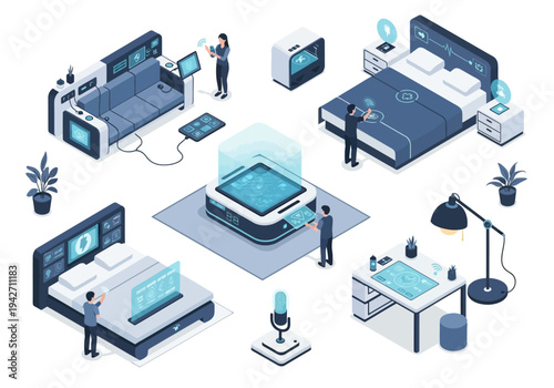 Smart home technology futuristic living room, bedroom, and home office concepts