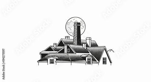 An ink illustration of a multi-gabled roofline under a full moon
