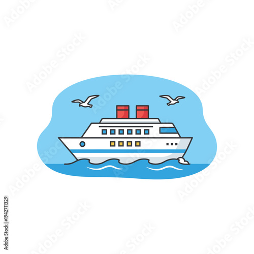 Modern Cruise Ship Sailing on Blue Water with Seagulls.