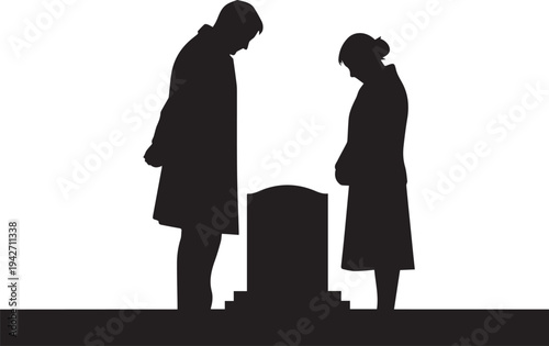 People mourning at gravestone silhouette vector, funeral illustration, line art memorial