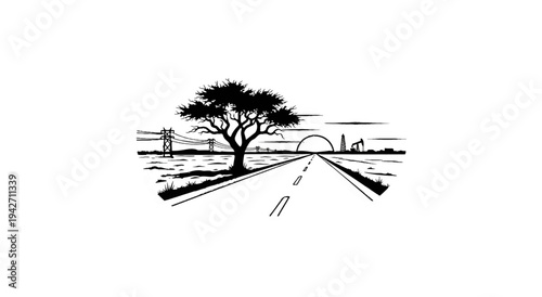 A lone tree shades a long road stretching towards an industrial horizon