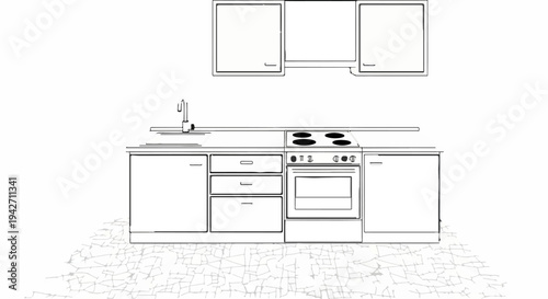 A minimalist line drawing of a modern kitchen counter with cabinets and appliances