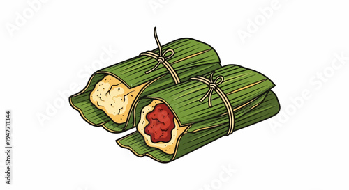 Two food items wrapped in green leaves and tied with string