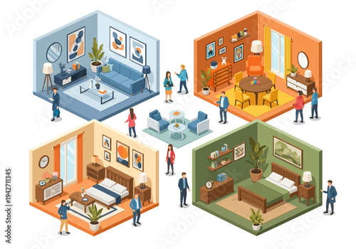 Isometric views of four distinct furnished rooms including a living room, dining area, and bedrooms