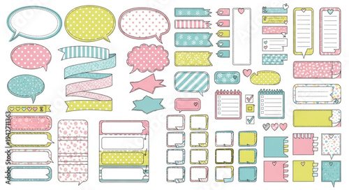 Collection of Hand-Drawn Speech Bubbles and Text Boxes with Pastel Colors.