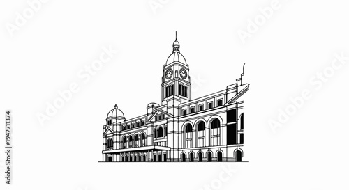 A grand neoclassical building with a prominent clock tower and arched windows