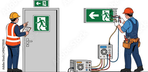 Workers install emergency lighting near an exit sign and electrical equipment