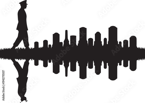 Soldier silhouette walking city skyline reflection vector illustration line art