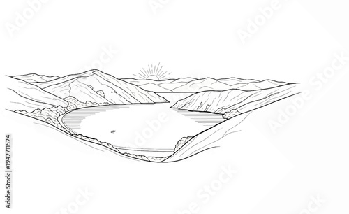 Stylized line art depicts a serene bay with rolling hills, sun, and a small boat