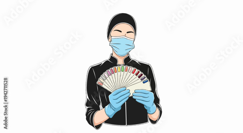 A person in a face mask and gloves holds a fan of nail polish colors