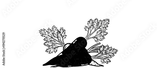 A stylized black and white drawing of a root vegetable with green leaves