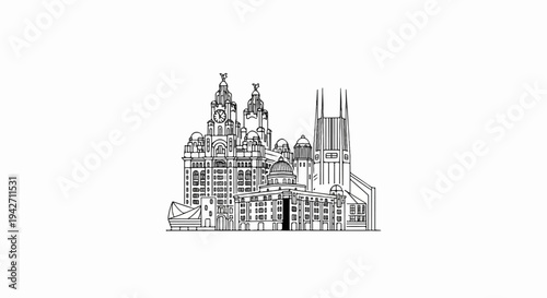 Stylized line drawing of a historic cityscape with multiple grand buildings