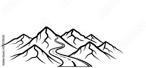 A winding road traverses a range of jagged, hand-drawn mountains