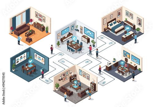Isometric rooms connected by lines and people interacting with screens, illustrating remote work and smart home technology