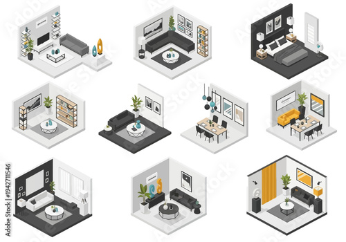 Isometric interior design elements for modern living rooms, bedrooms, and dining areas