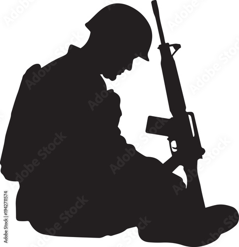 Soldier silhouette with rifle illustration vector, soldier in uniform sits and holds weapon