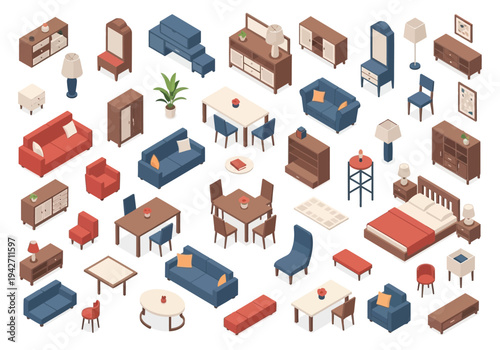 Collection of Isometric Furniture Icons in Various Styles and Colors for Interior Design