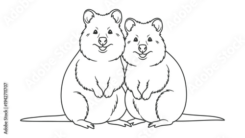 Smiling Quokkas: Charming line art features two cheerful quokkas, their smiles radiating warmth and friendliness. Perfect for conveying joy and positivity.