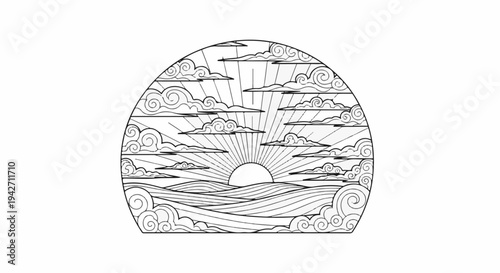 Stylized sunrise with radiating lines over wavy terrain and clouds