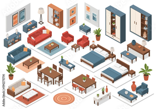 Collection of isometric furniture and home decor items, presented in a clear, organized layout